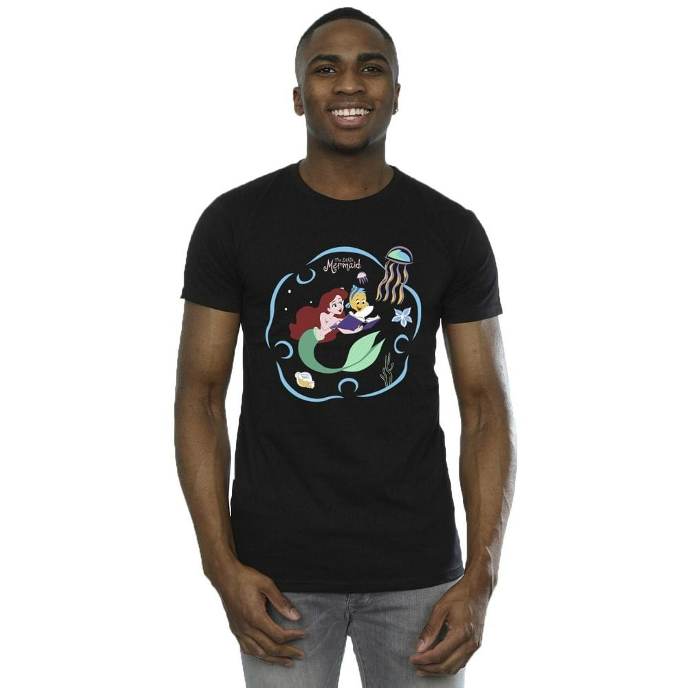 Disney Mens The Little Mermaid Reading A Book T-Shirt - Black