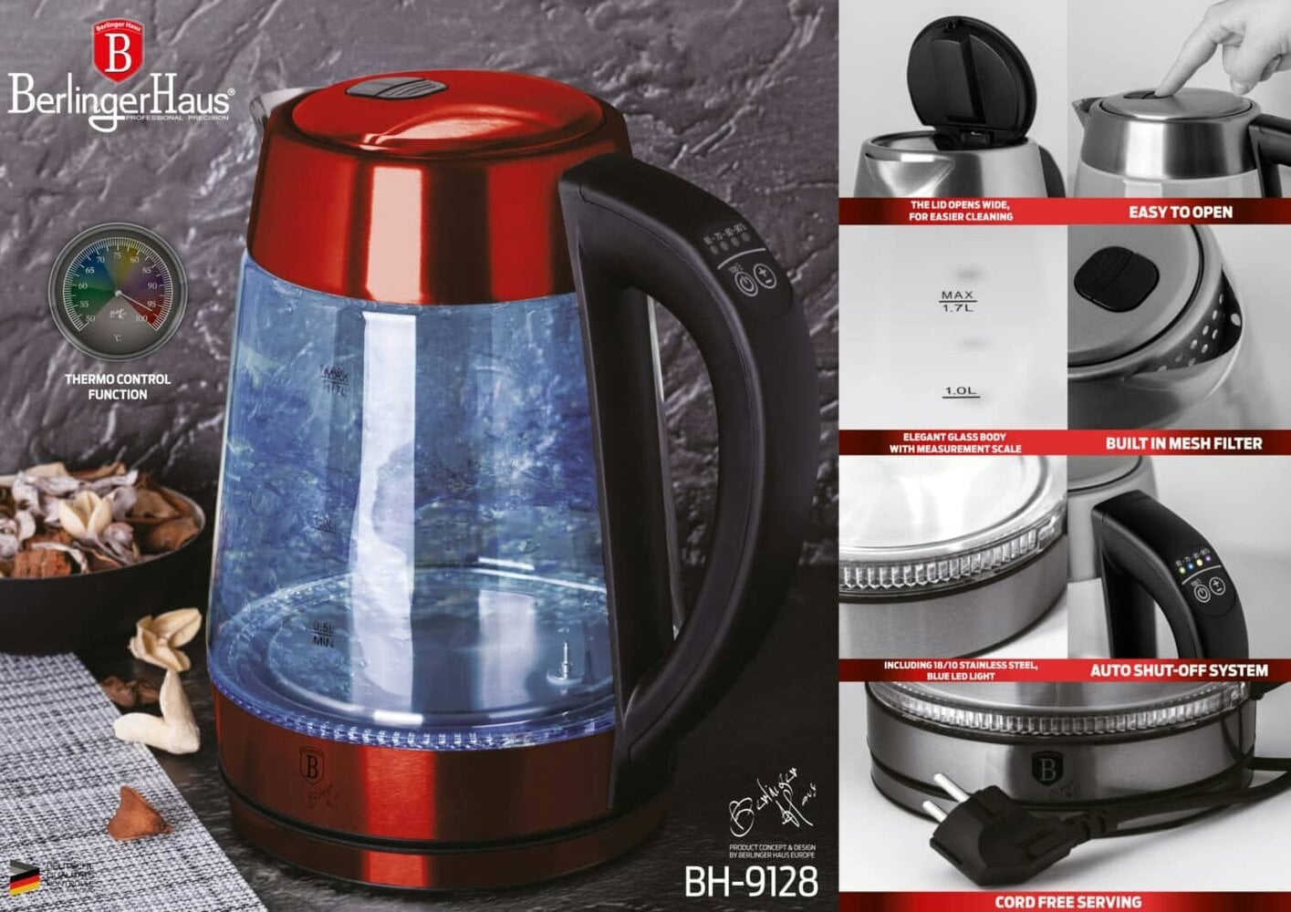 Berlinger Haus Glass Kettle Berlinger Haus BH-9128 Burgundy