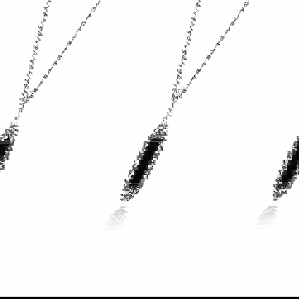 Art Deco Style Oval Onyx and Marcasite Pendant Necklace in Sterling Silver 214P334302925 