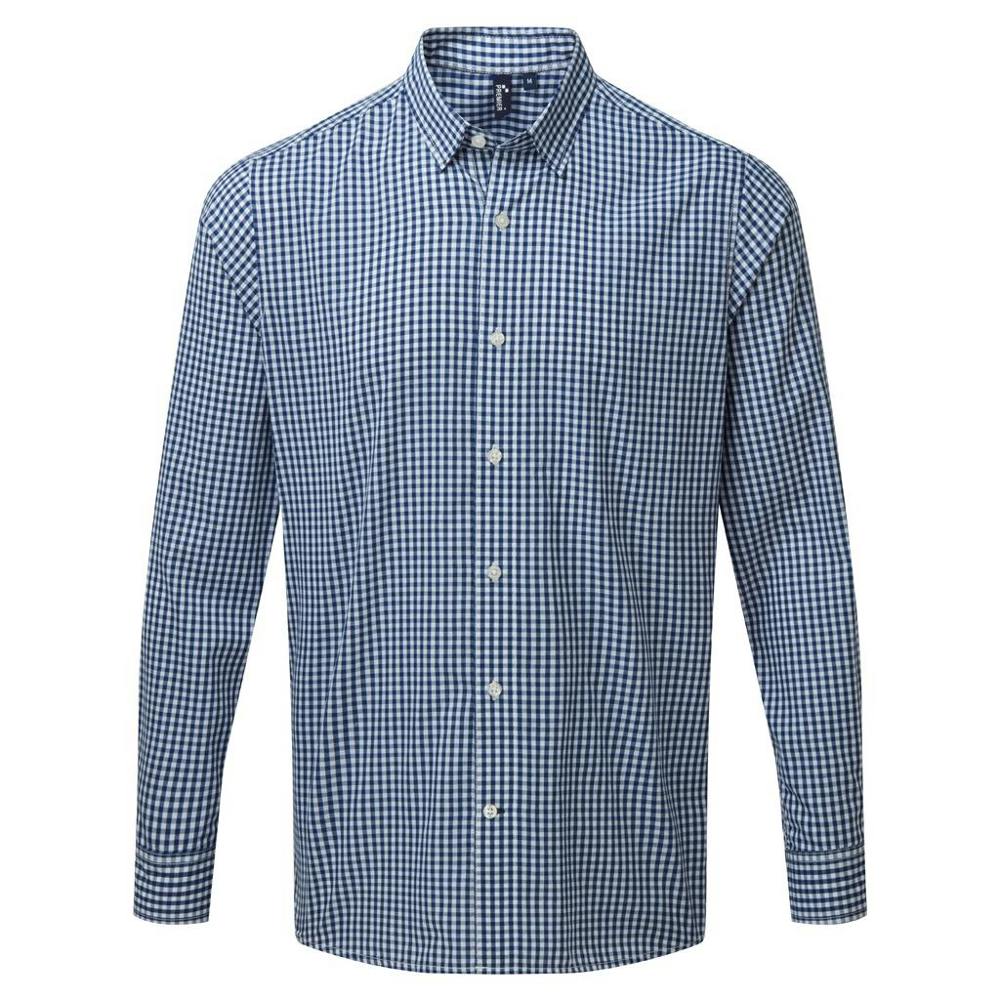 Premier Mens Maxton Check Long Sleeve Shirt - Navy/White - Navy/White - 65% Polyester/35% Cotton