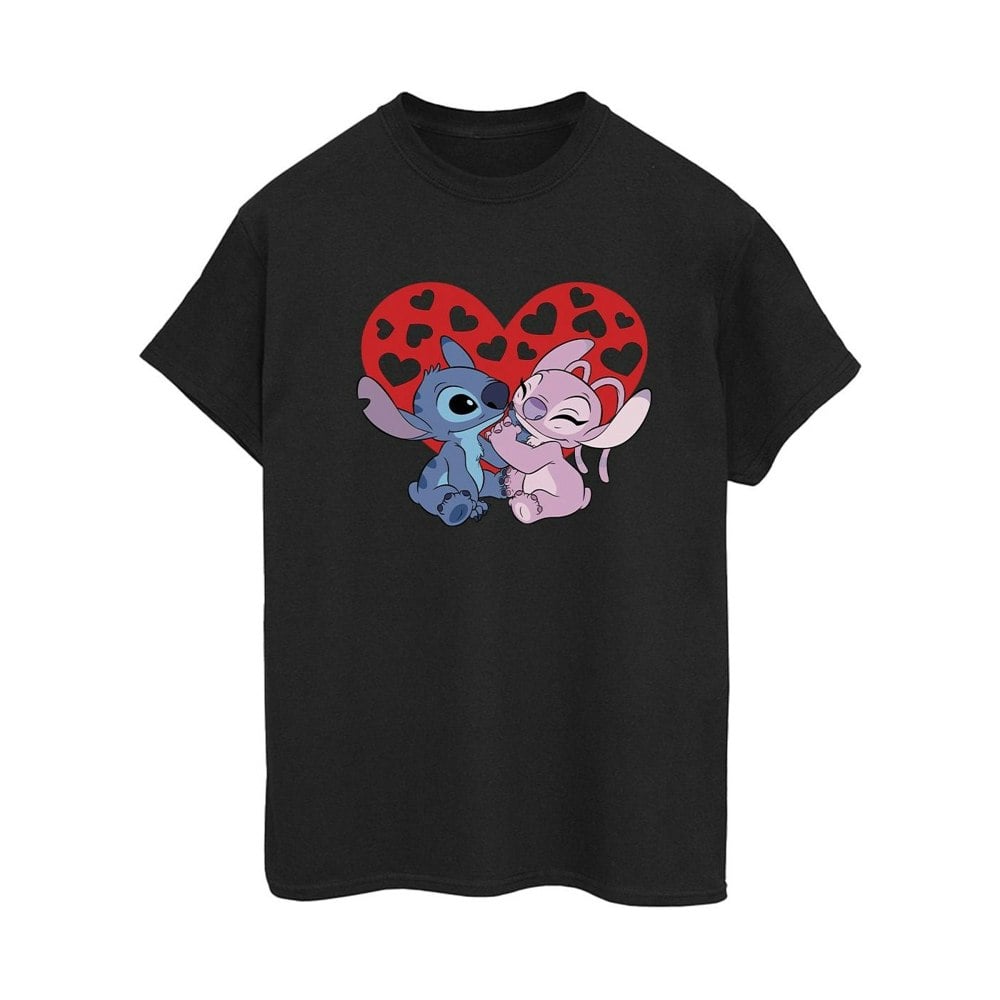 Disney Womens/Ladies Lilo & Stitch Hearts Cotton Boyfriend T-Shirt - Black