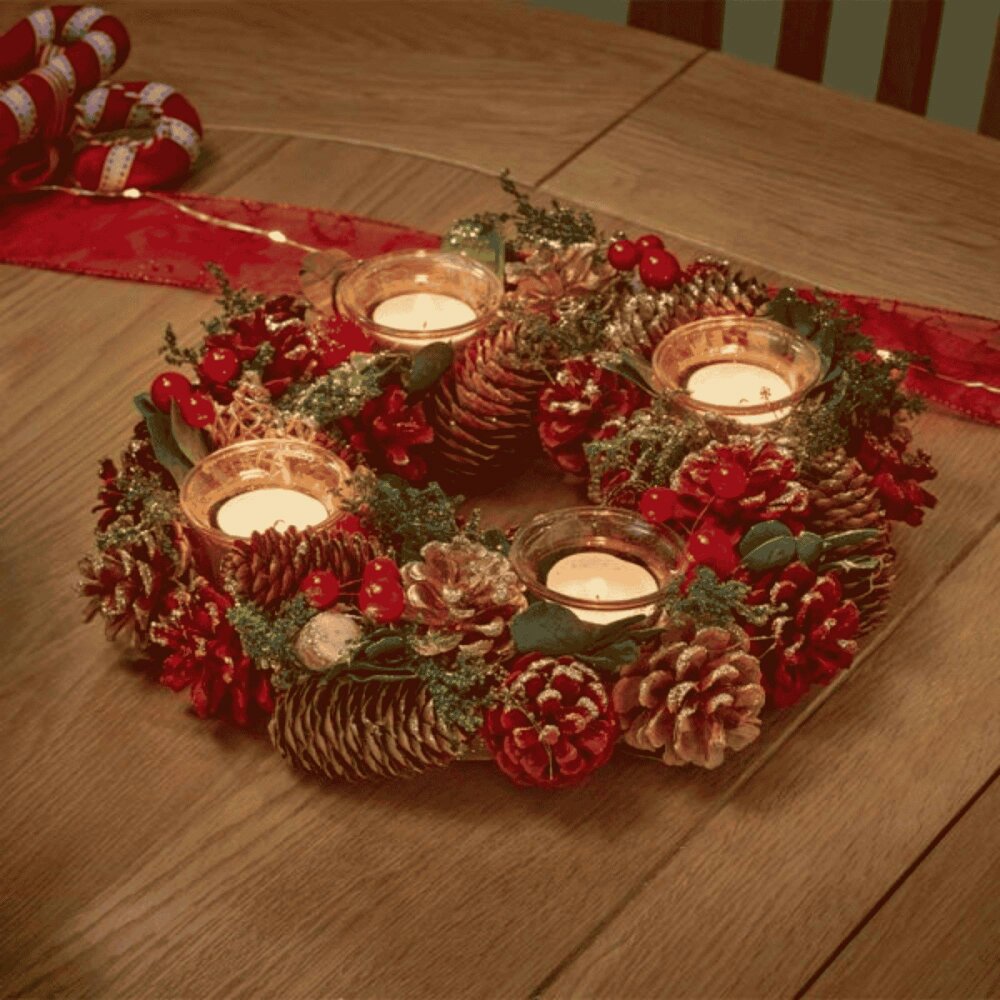 Samuel Alexander 33cm Red Christmas Bauble Quartet Candle Holder with Pinecones and Berries