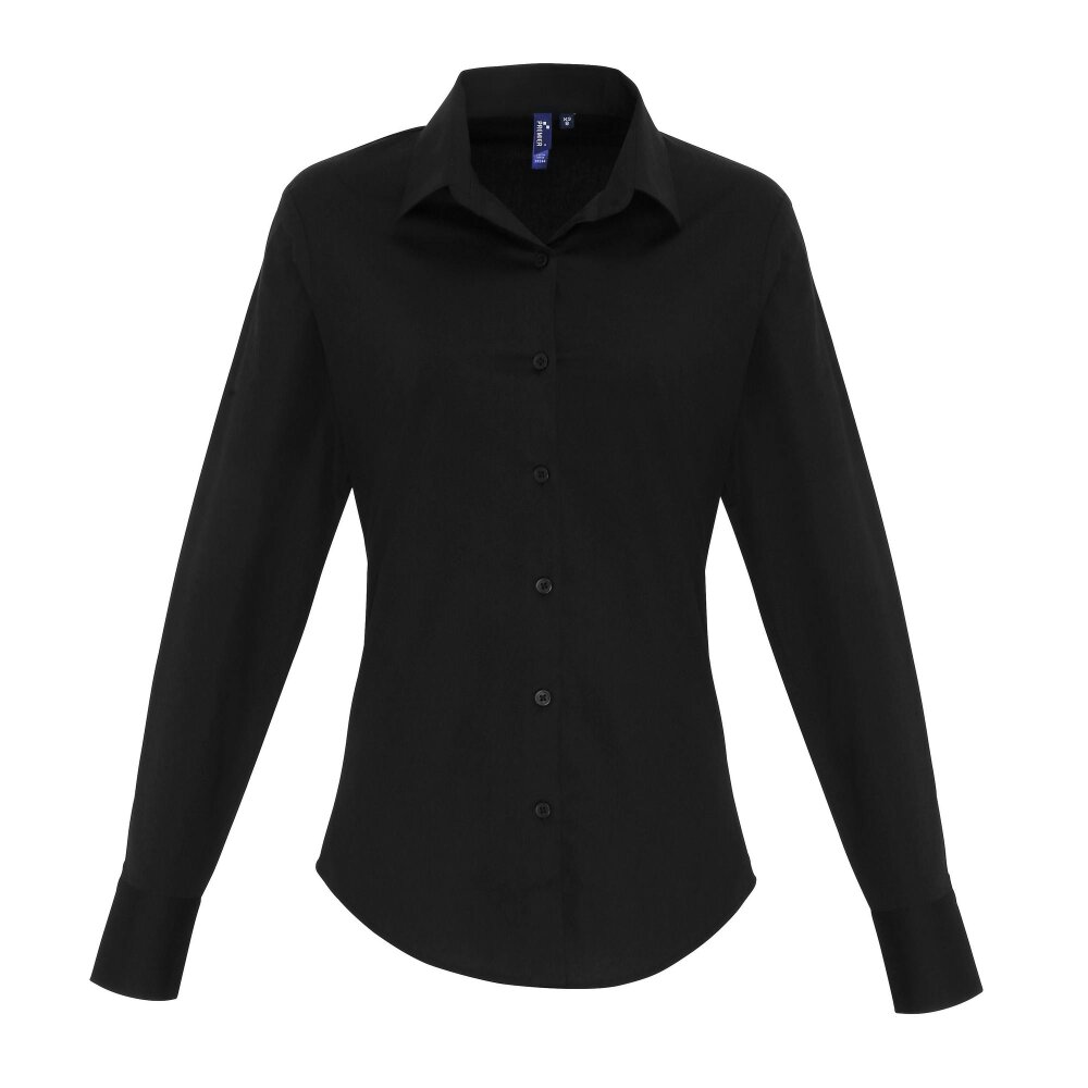 Premier Womens/Ladies Stretch Fit Poplin Long Sleeve Blouse - Black - Black - 97% Cotton/3% Elastane