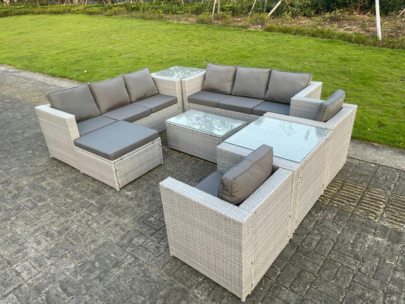 Fimous Light Grey Outdoor PE Rattan Garden Furniture Set Wicker Sofa Set Rectanguar Coffee Table 2 Armchair 2 Side Table 9 Seat