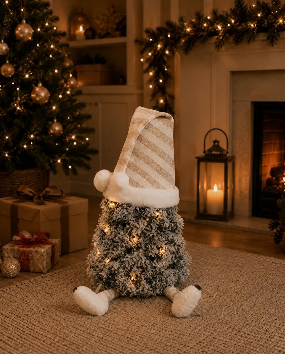 Outdoor Living Flocked mini tree gonk with striped nightcap and dangly legs, white sleepy Snowdrift Gonk