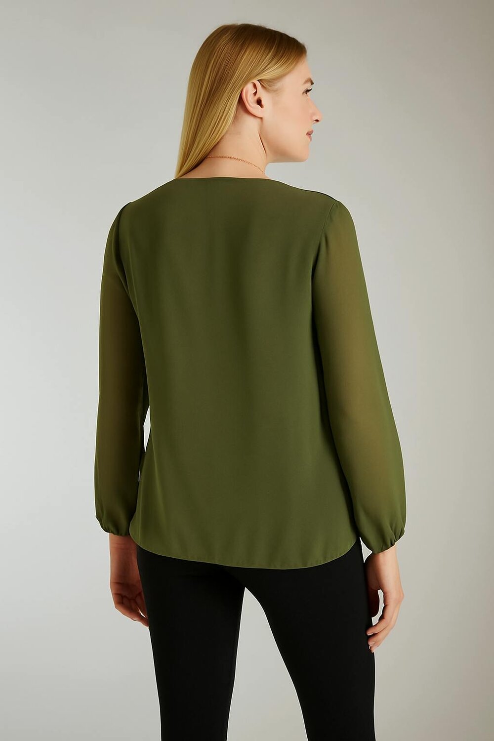 Hoxton Gal Oversized Long Sleeves Pleated Top with Tulle Details in Khaki with Necklace