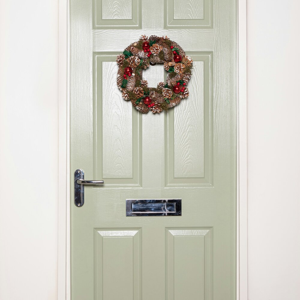 Samuel Alexander 36cm Hanging Christmas YuleFest Wreath with Red Baubles & Snow Tipped Pine Cones