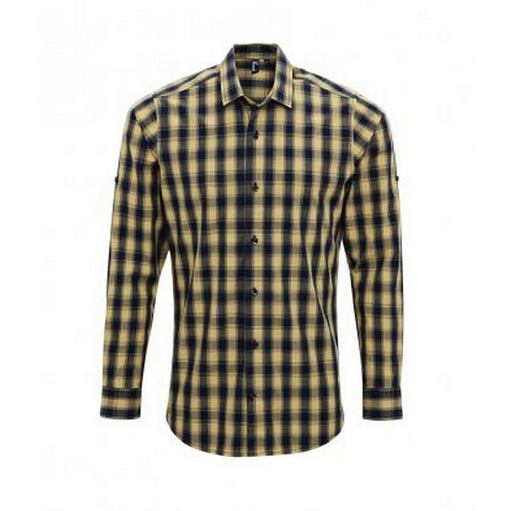 Premier Mens Mulligan Check Long Sleeve Shirt - Camel/Navy - Camel/Navy - 100% Cotton