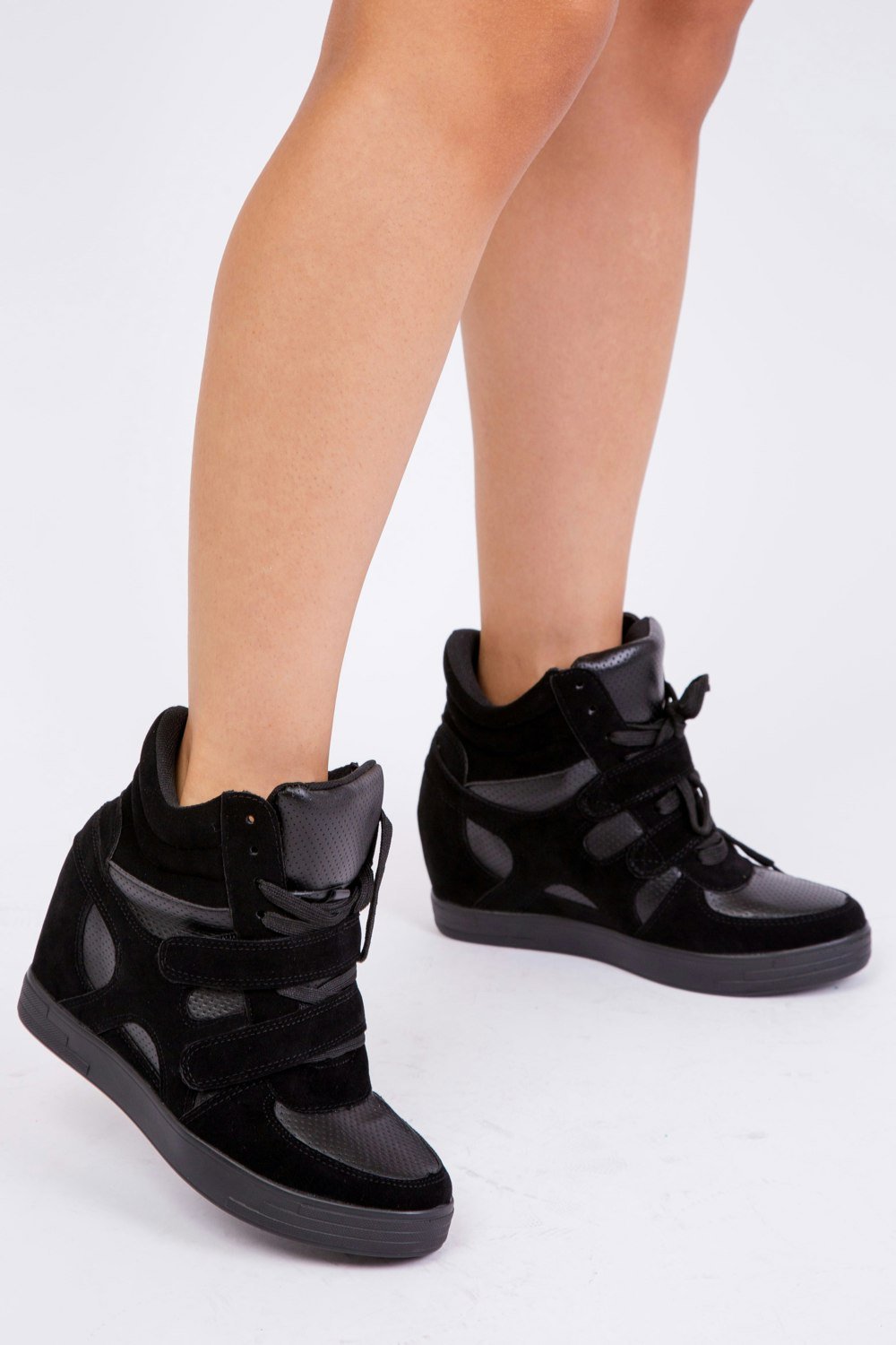 Where's That From Hitop Wedge Trainers With a Front Lace Up in Black Suede