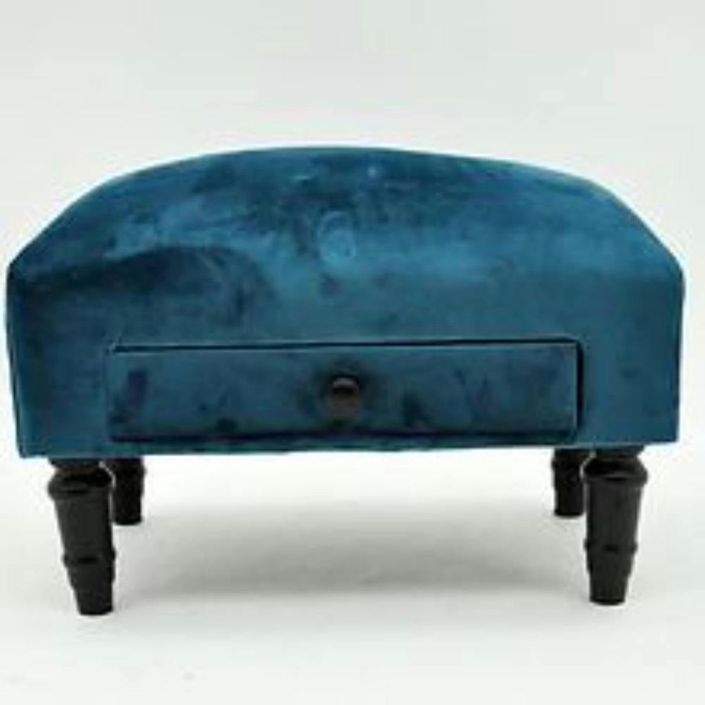 Dyzi Velvet Ottoman Footstool with Storage Drawer Solid Wood Royal Blue