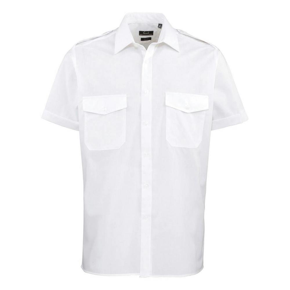 Premier Mens Short-Sleeved Pilot Shirt - White - White - 65% Polyester/35% Cotton