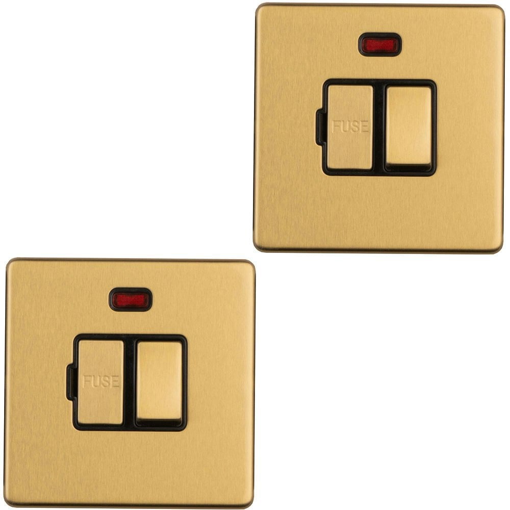 2 PACK 1 Gang 13A Switched Fuse Spur Neon SCREWLESS SATIN BRASS Mains Isolation