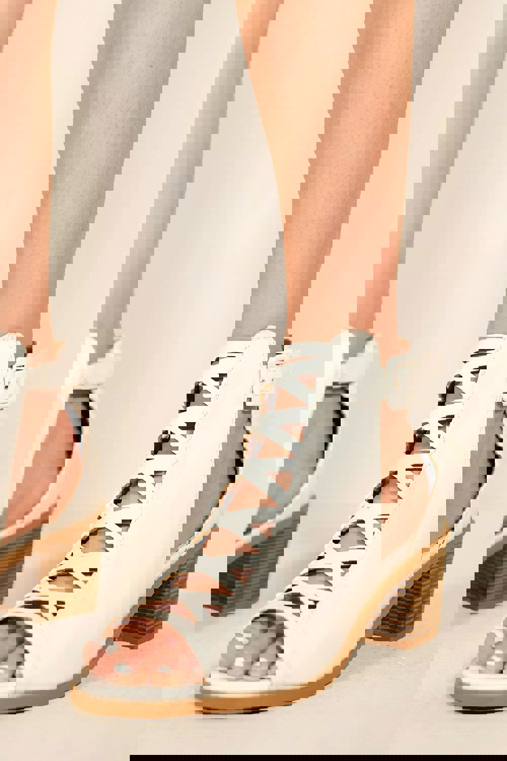 Where's That From Reydah Mid High Block Heel Sandals With Peep Toe & Criss Cross Detail in White Faux Leather
