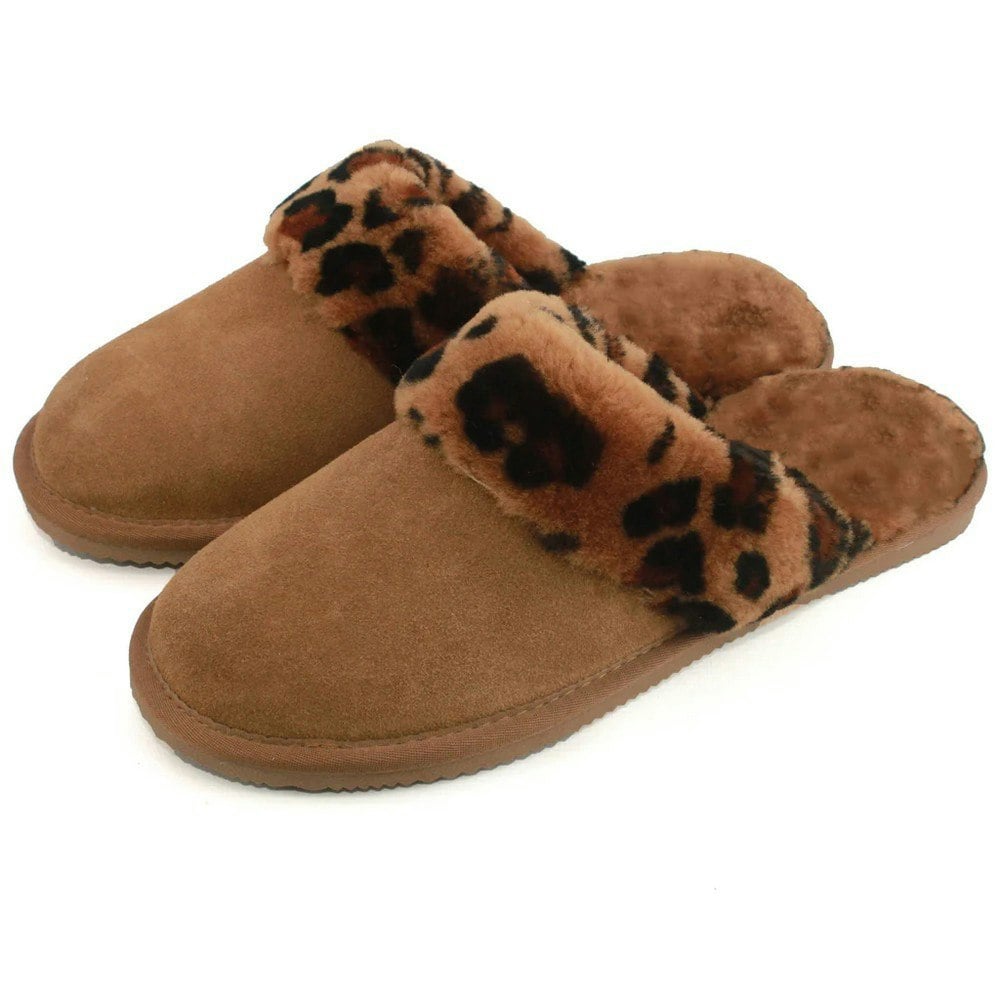 Eastern Counties Leather Womens/Ladies Grace Leopard Print Sheepskin Slippers - Brown/Black