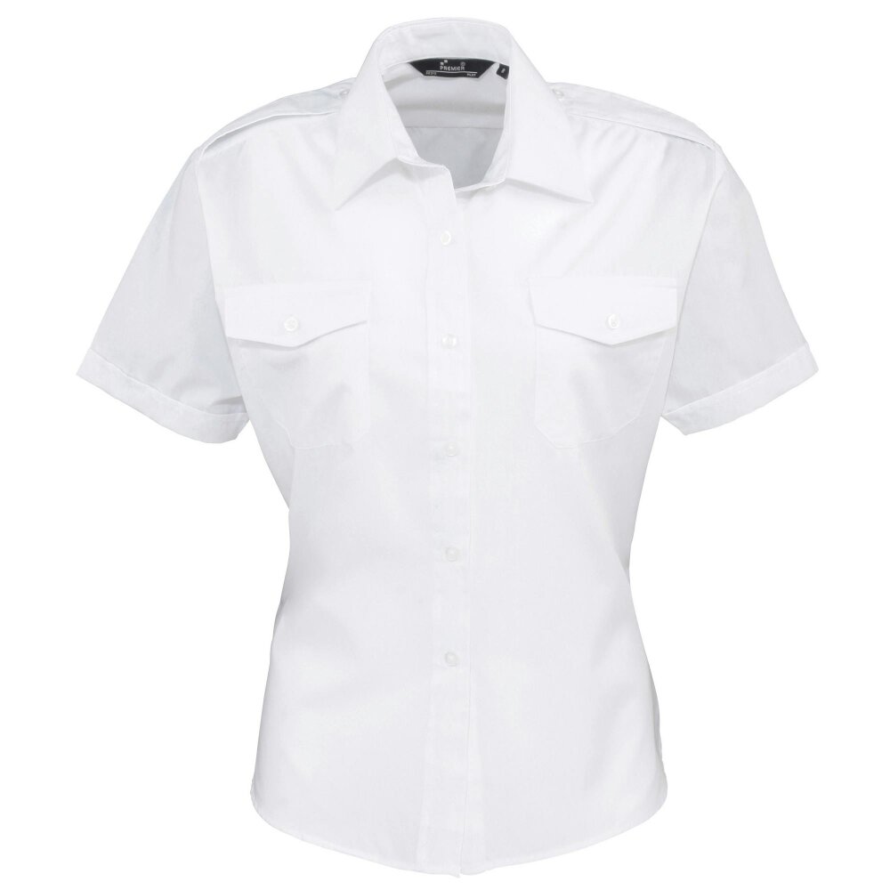 Premier Womens/Ladies Short Sleeve Pilot Blouse / Plain Work Shirt - White - White - 65% Polyester/35% Cotton