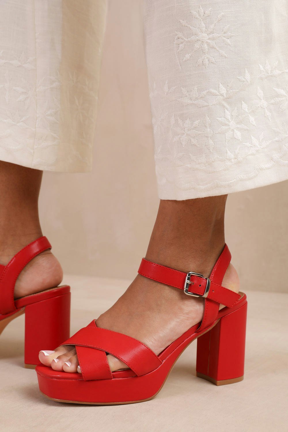 Where's That From Marcia Wide Fit Statement Platform Strappy Block High Heels in Red Faux Leather