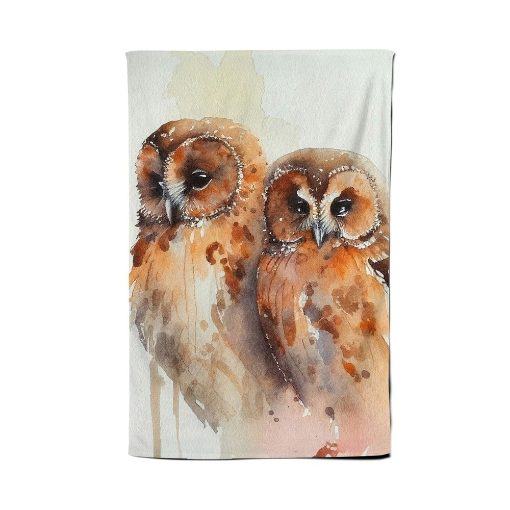 Warren Reed Loving Tawny Owls Watercolour Tea Towel