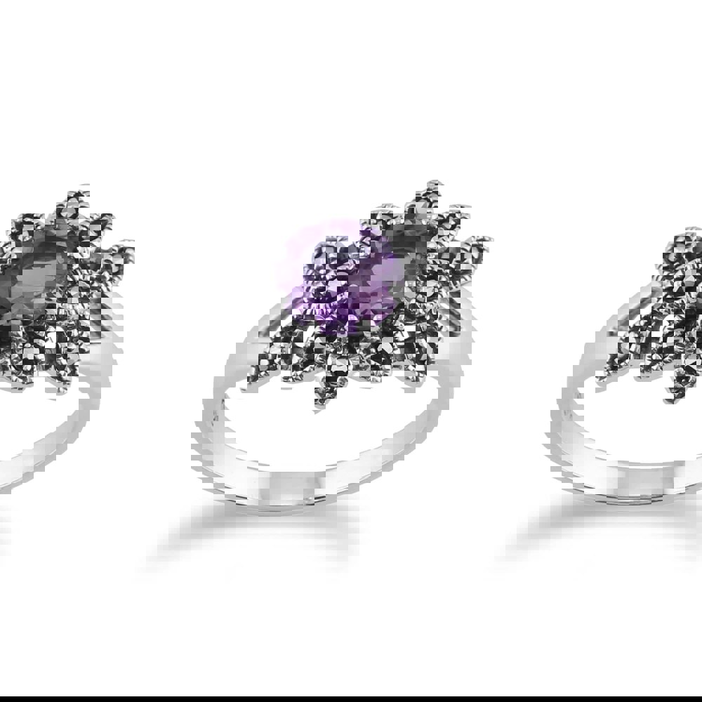 Art Nouveau Style Round Amethyst & Marcasite Floral Ring in 925 Sterling Silver - Gemondo
