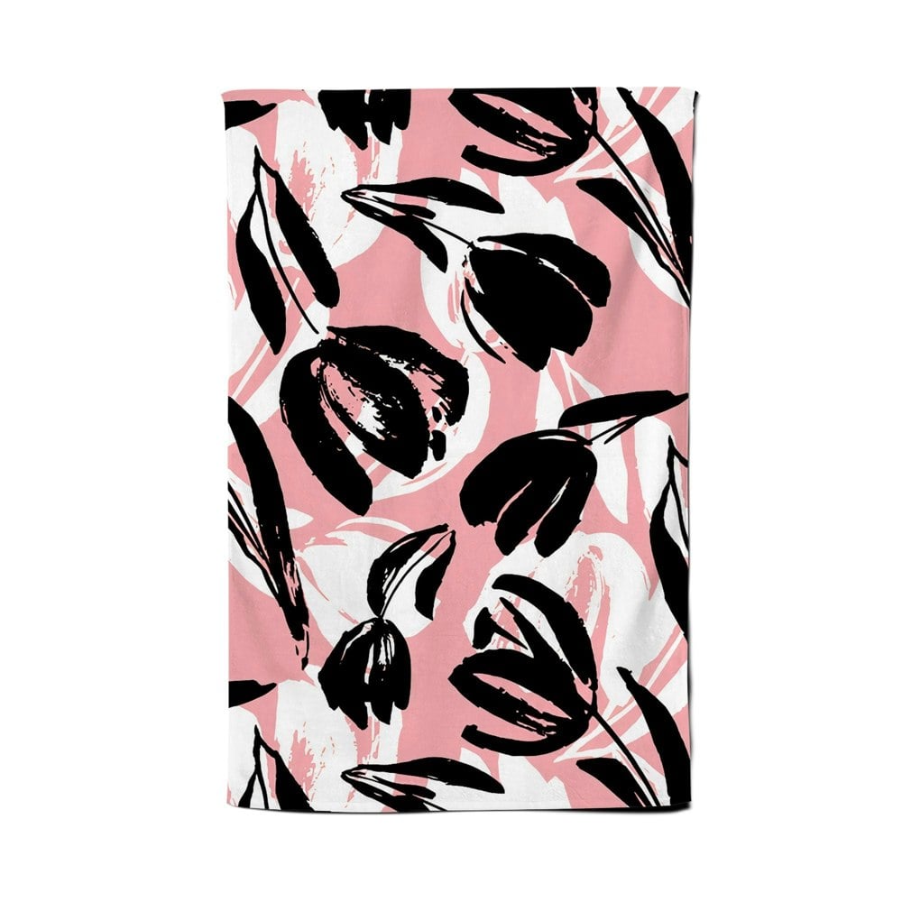 Warren Reed Nature Flat Spring Flower Motif In Pink And Black Color Tea Towel