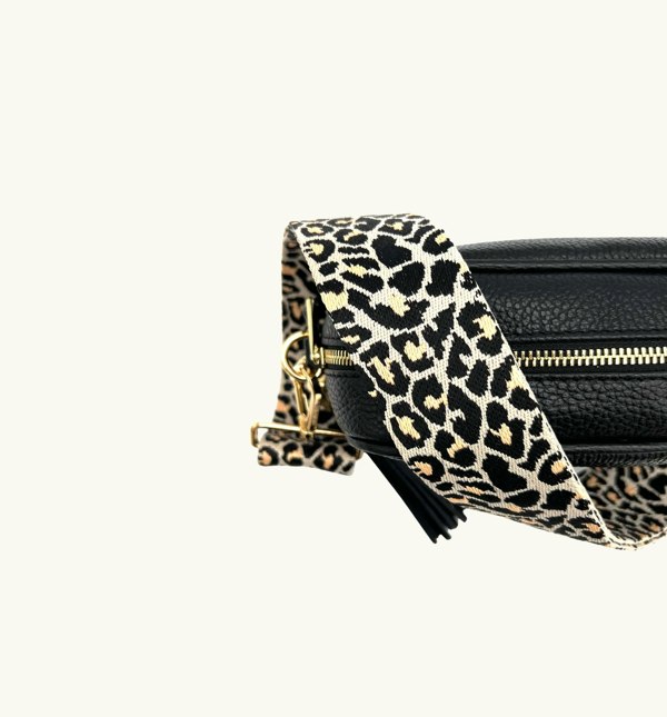 Apatchy London The Tassel Black Leather Crossbody Bag with Apricot Cheetah Strap