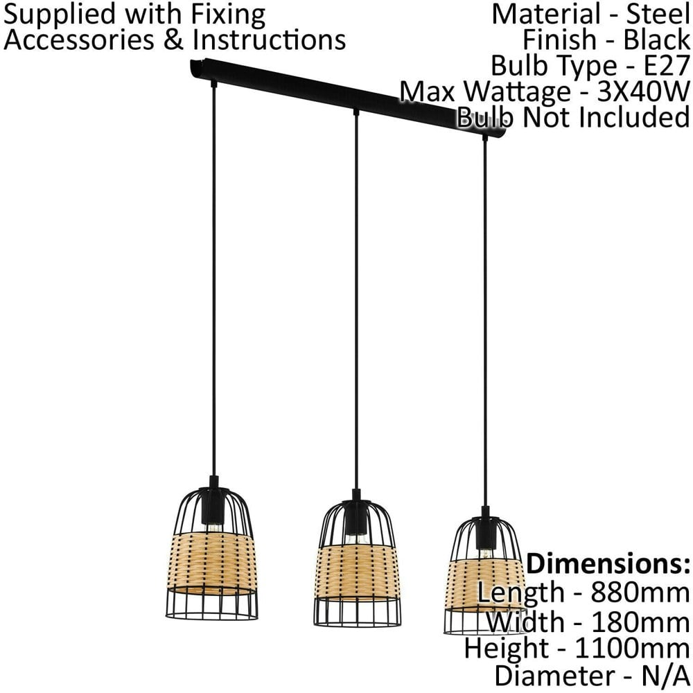 Hanging Ceiling Pendant Light Black & Wicker 3x 40W E27 Hallway Feature Lamp Loops