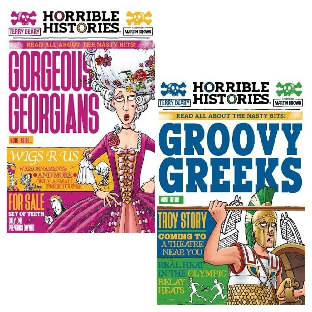 Horrible Histories Newspaper Editions 2 Books Set (Gorgeous Georgians, Groovy Greeks)