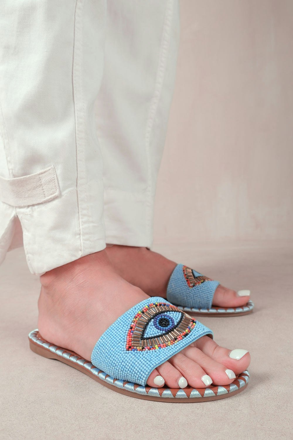 Where's That From Cleanse Flat Sandals With Beaded Eye Detailing in Baby Blue