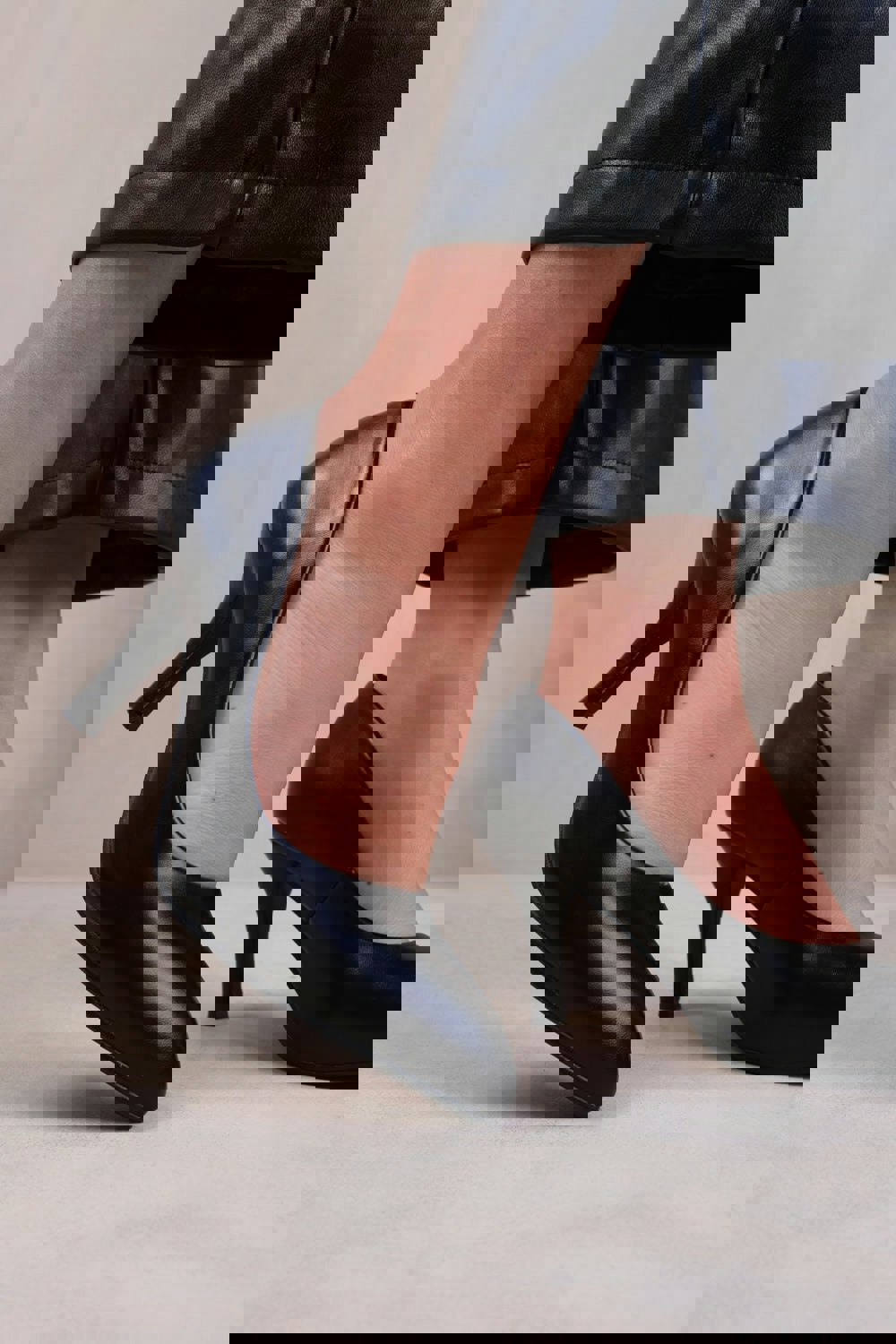 Where's That From Paola Mid High Heel Court Pump Shoes With Pointed Toe in Black Faux Leather