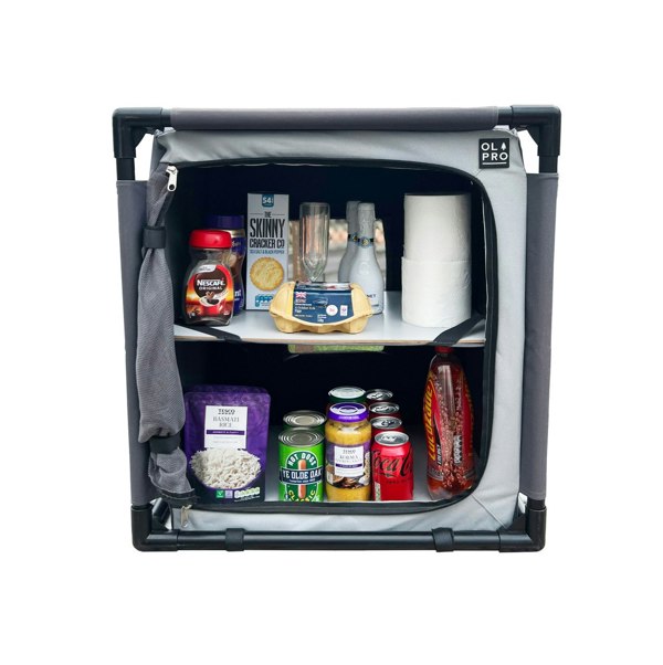 An image of the Camp Storage Cupboard from OLPRO being used as storage for food and drink items.