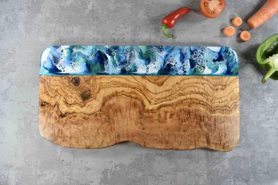 Large Rustic Olive Wood Board with Ocean Blue Resin Art 40cm 