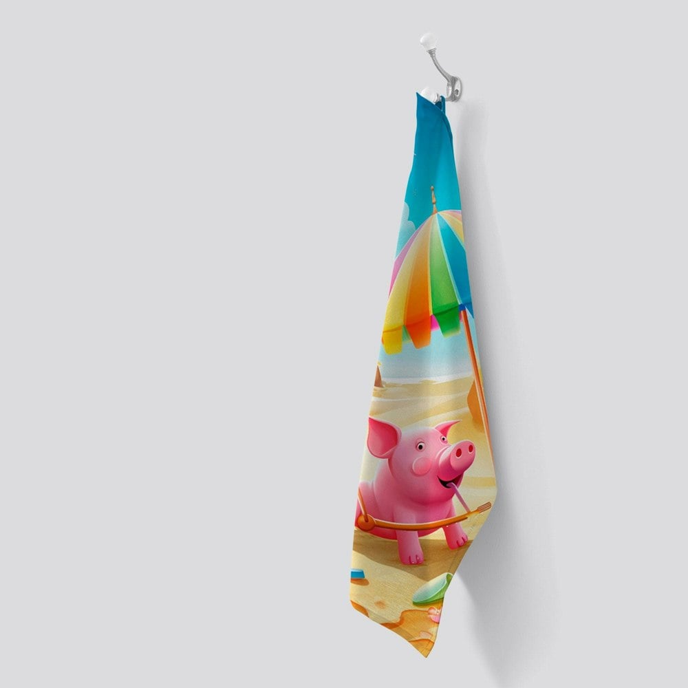 Warren Reed Pig On A Beach Holiday Tea Towel