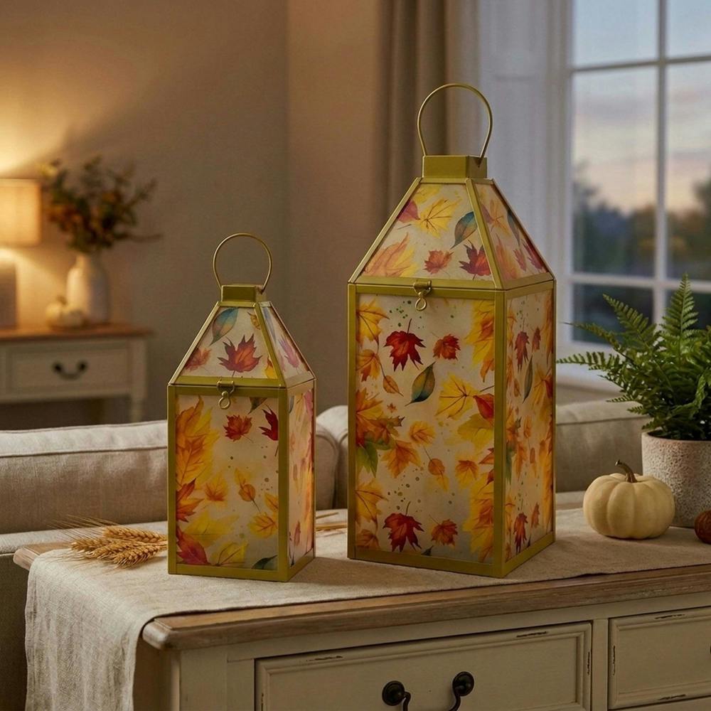 Garden Greatness Autumn Leaf Glass Lanterns Set of Two