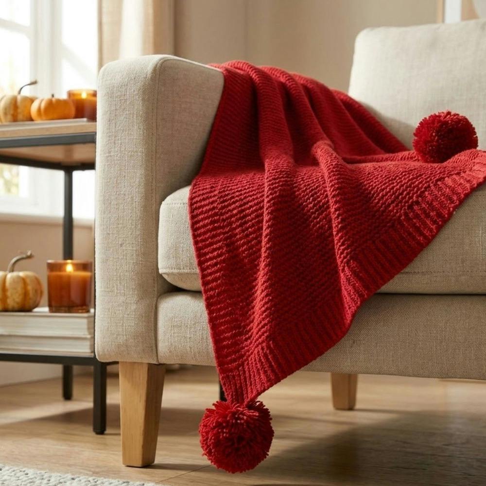 Garden Greatness Red Soft Chenille Knit Pom-Pom Throw