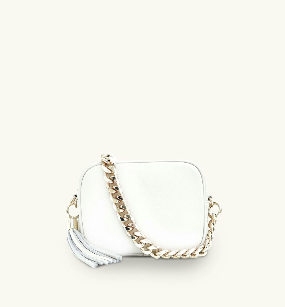 Apatchy London White/Gold The Tassel White Leather Crossbody Bag With Gold Chain Strap 7Cm