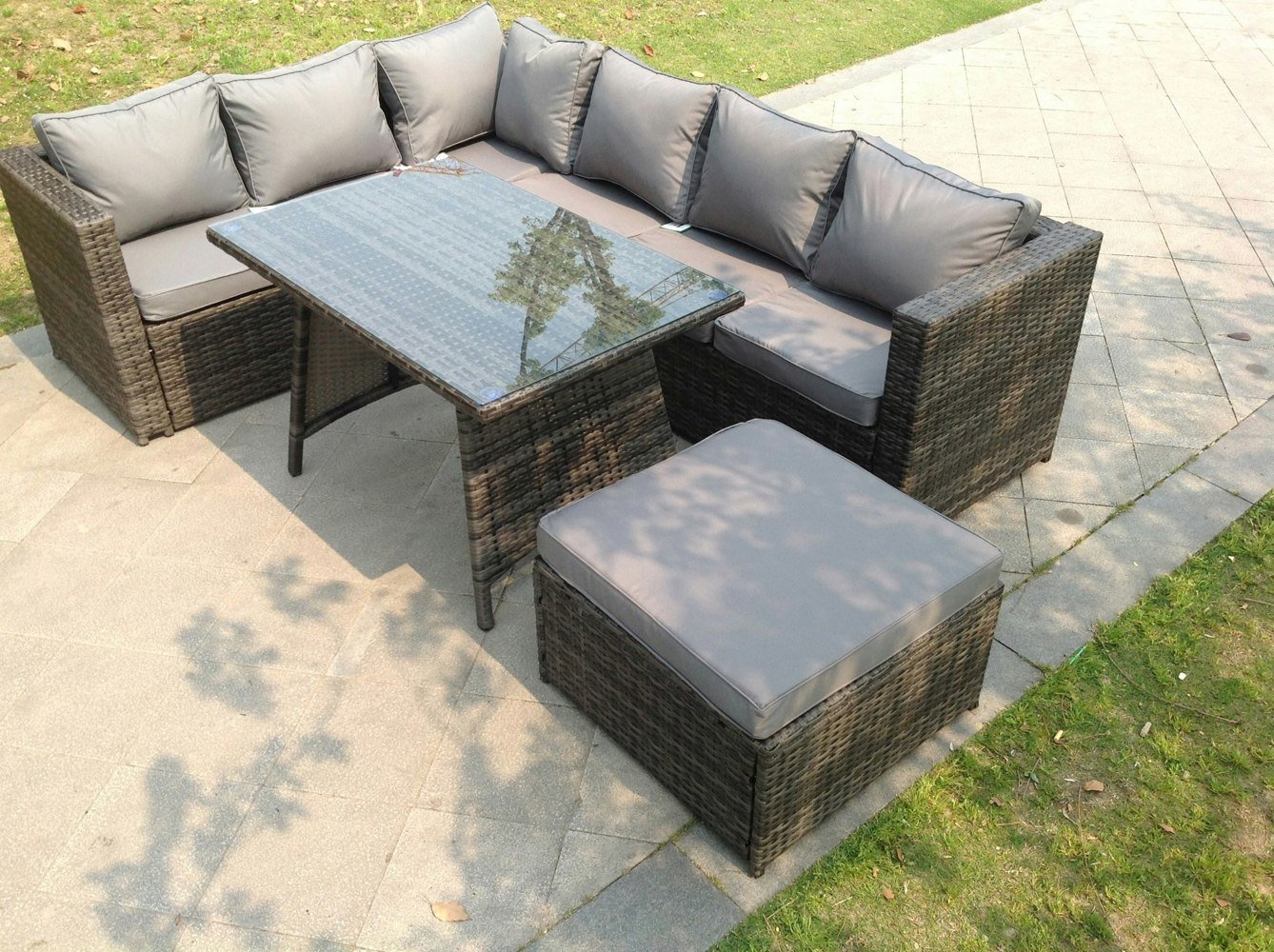Fimous 7 Seater Grey Rattan Sofa Dining Set Table Garden Furniture Outdoor