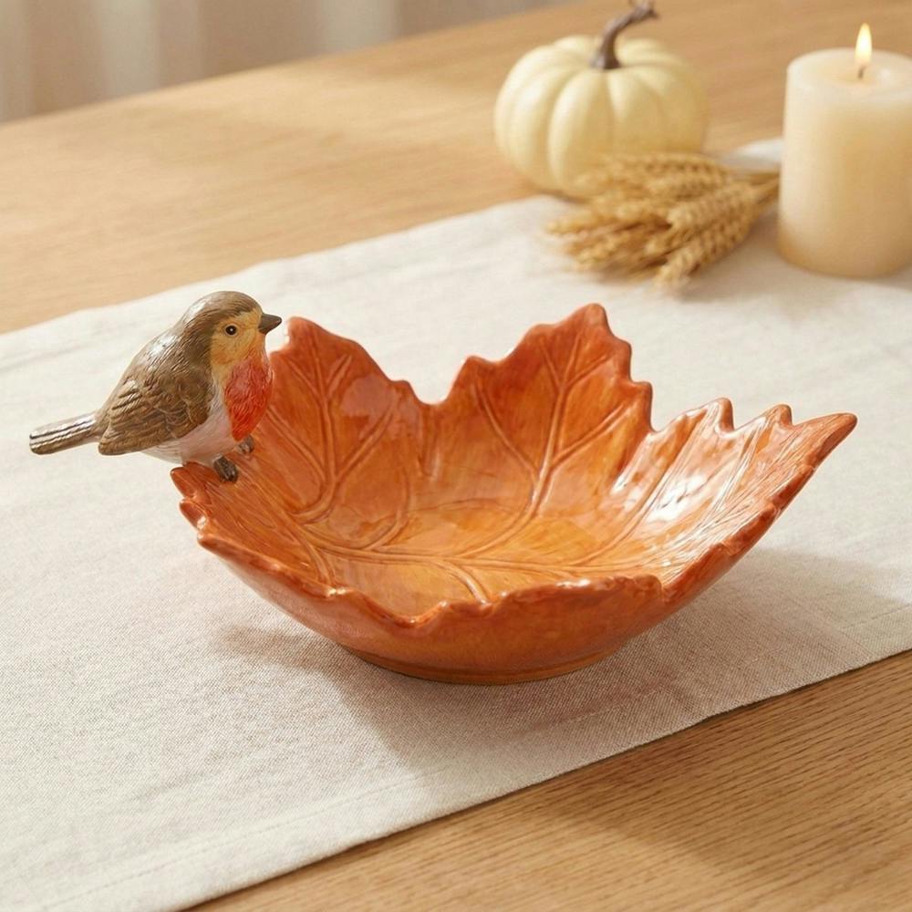 Garden Greatness Rustic Robin On A Leaf Autumn Serving Bowl