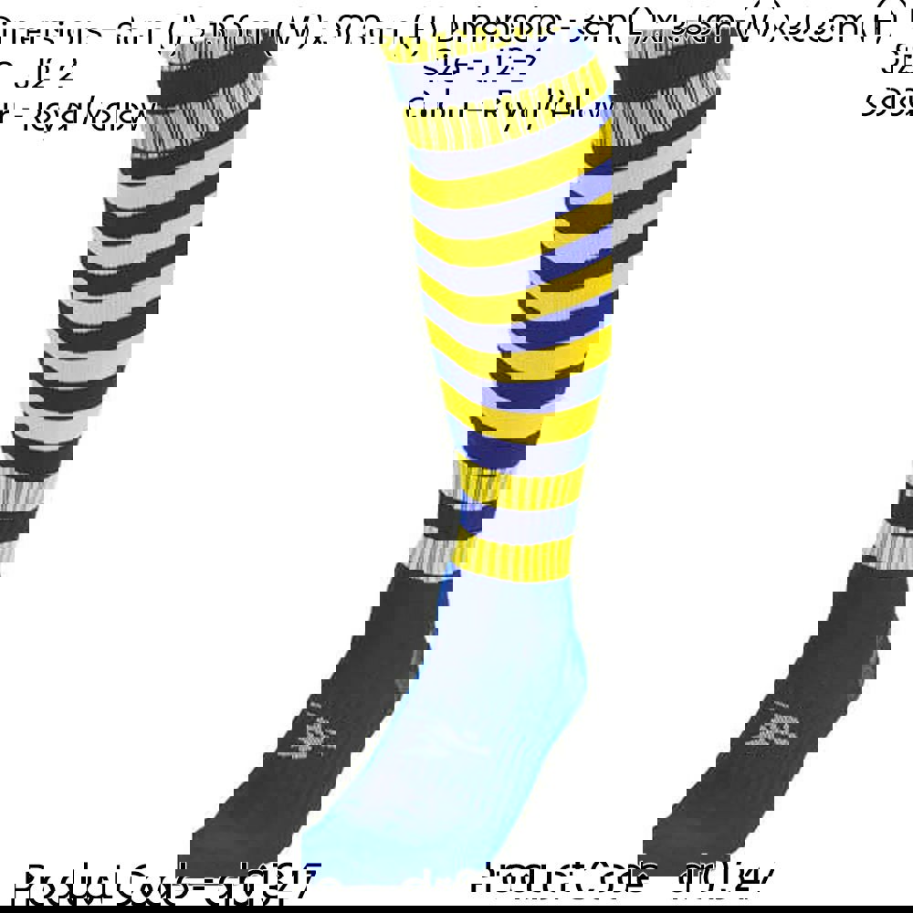 JUNIOR Size 12-2 Hooped Stripe Football Socks ROYAL BLUE/YELLOW Contoured Ankle
