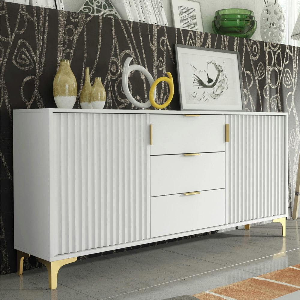 Mex Furniture Captivating White 140cm Sideboard with Ribbed Doors and Gold Accents