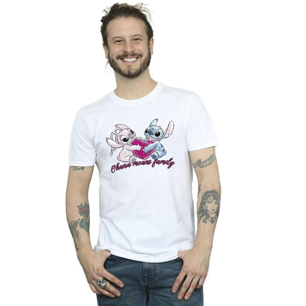 Disney Mens Lilo And Stitch Ohana Heart With Angel T-Shirt - White