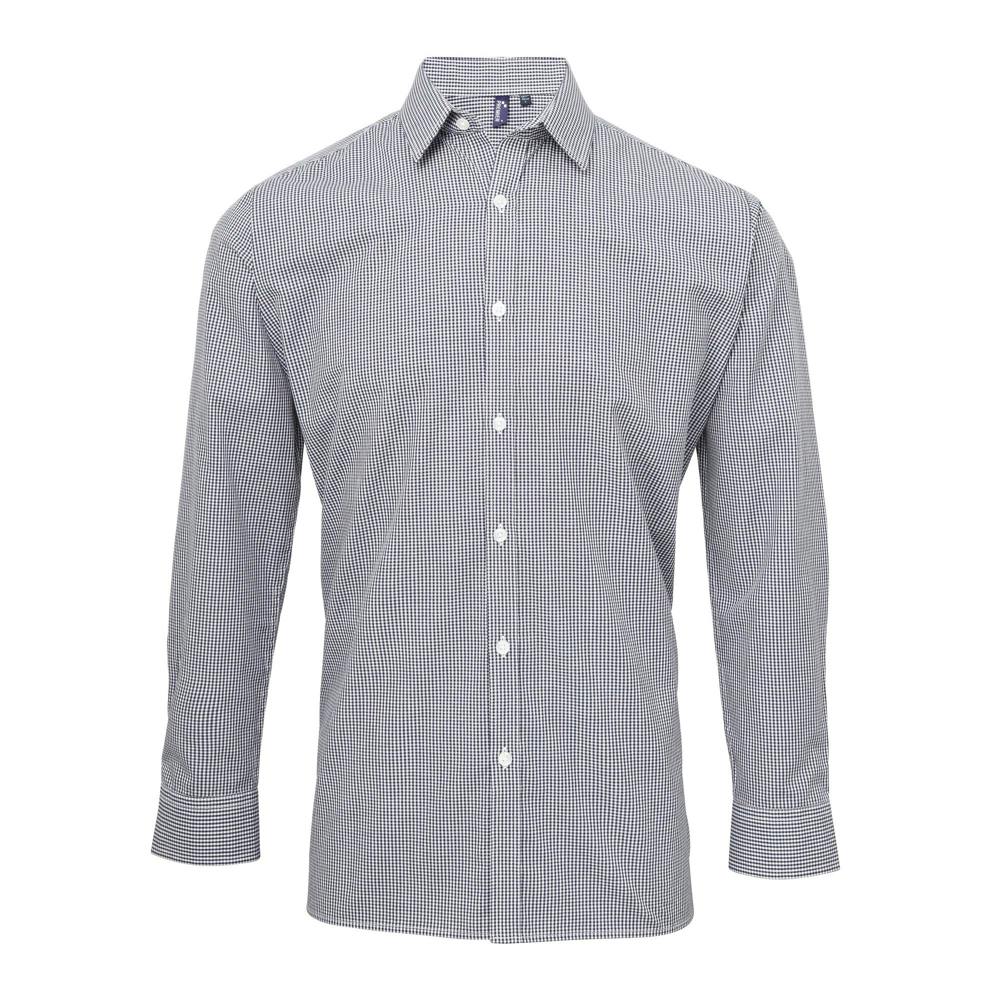 Premier Mens Microcheck Long Sleeve Shirt - Navy/White - Navy/White - 100% Cotton