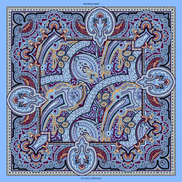 Intricate paisley design silk pocket square in blue, burgundy & gold by Otway & Orford