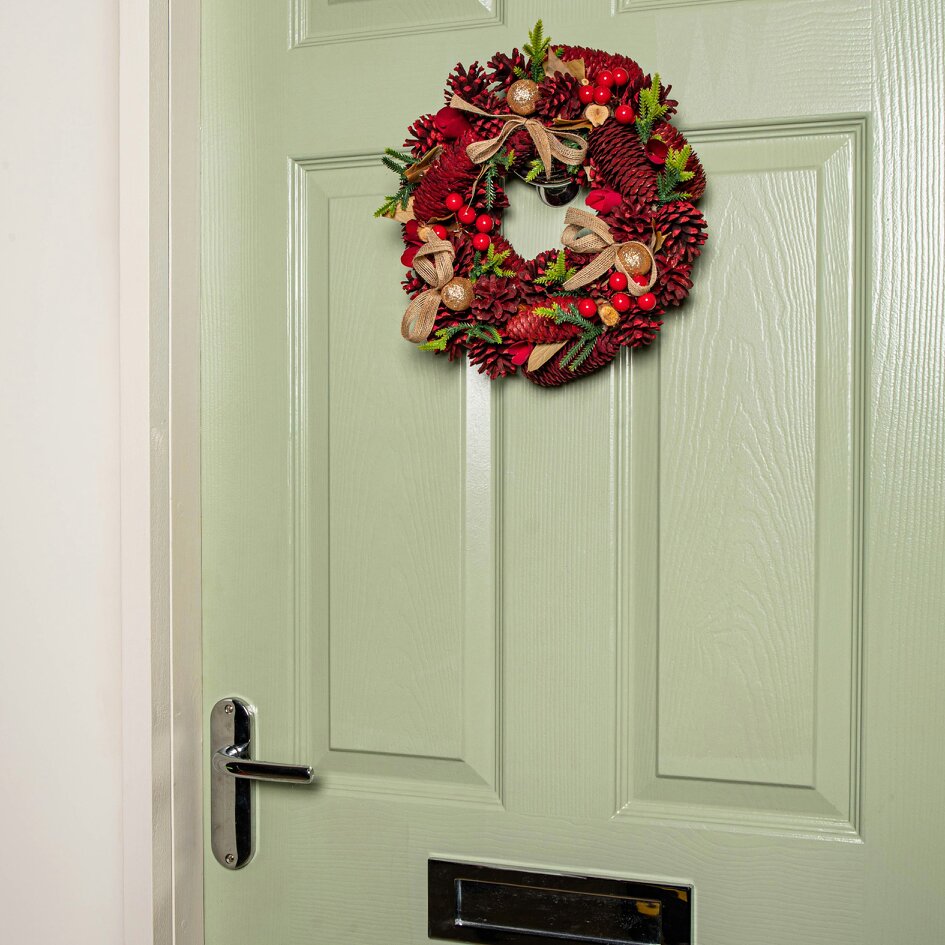 Samuel Alexander 30cm Red Rose Hanging Christmas Wreath with Pinecones & Red Berries