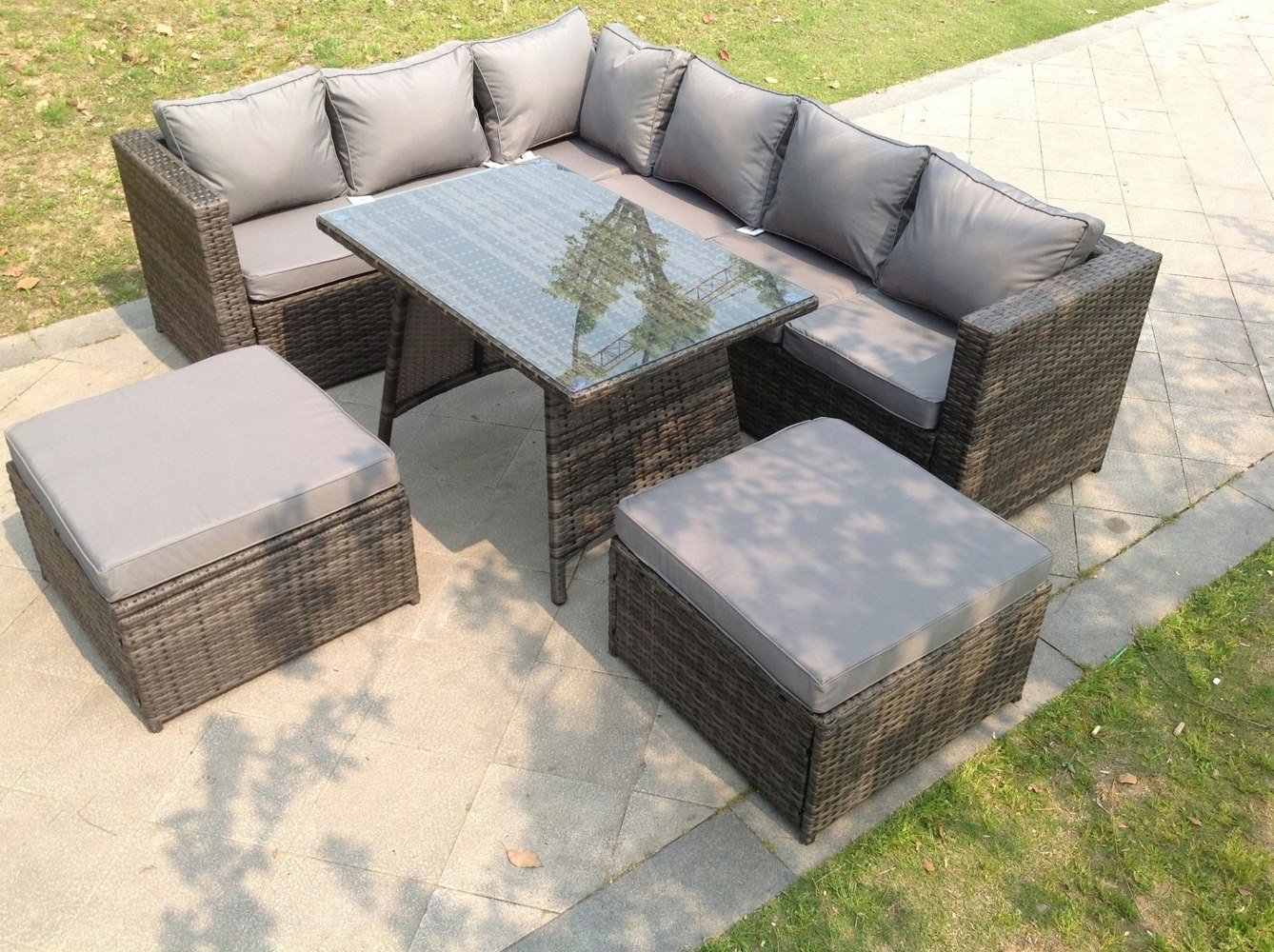 Fimous 8 Seater Rattan Corner Sofa Set Dining Table 2 Big Footstool Garden Furniture Outdoor