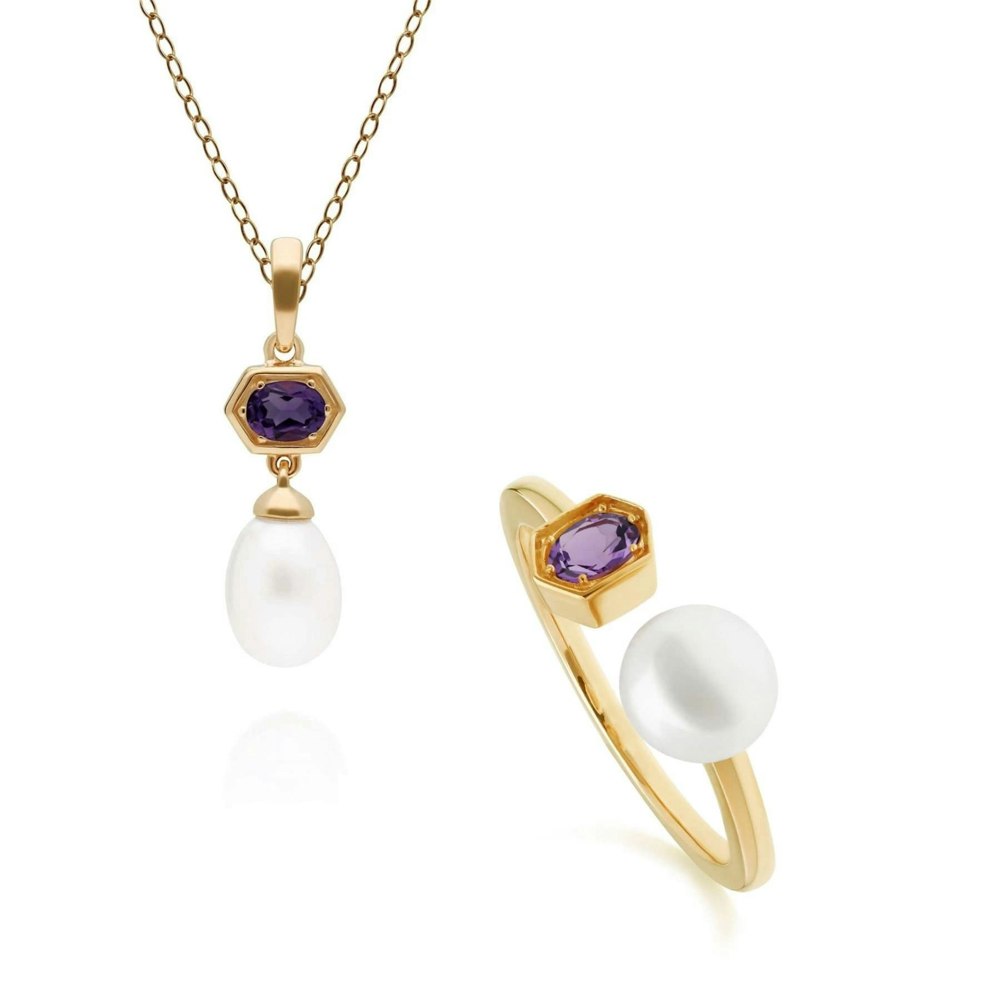 270P030210925-270R058704925 Modern Pearl & Amethyst Pendant & Ring Set in Gold Plated Silver 1