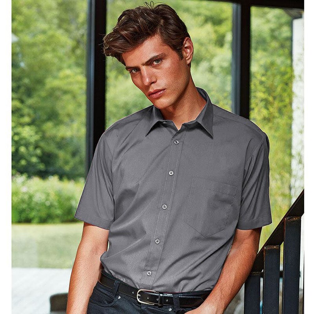 Premier Mens Short Sleeve Formal Poplin Plain Work Shirt - Steel