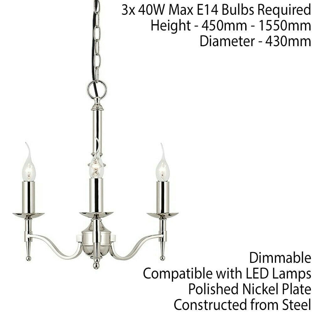Avery Ceiling Pendant Chandelier Light 3 Lamp Bright Nickel Curved Candelabra Loops