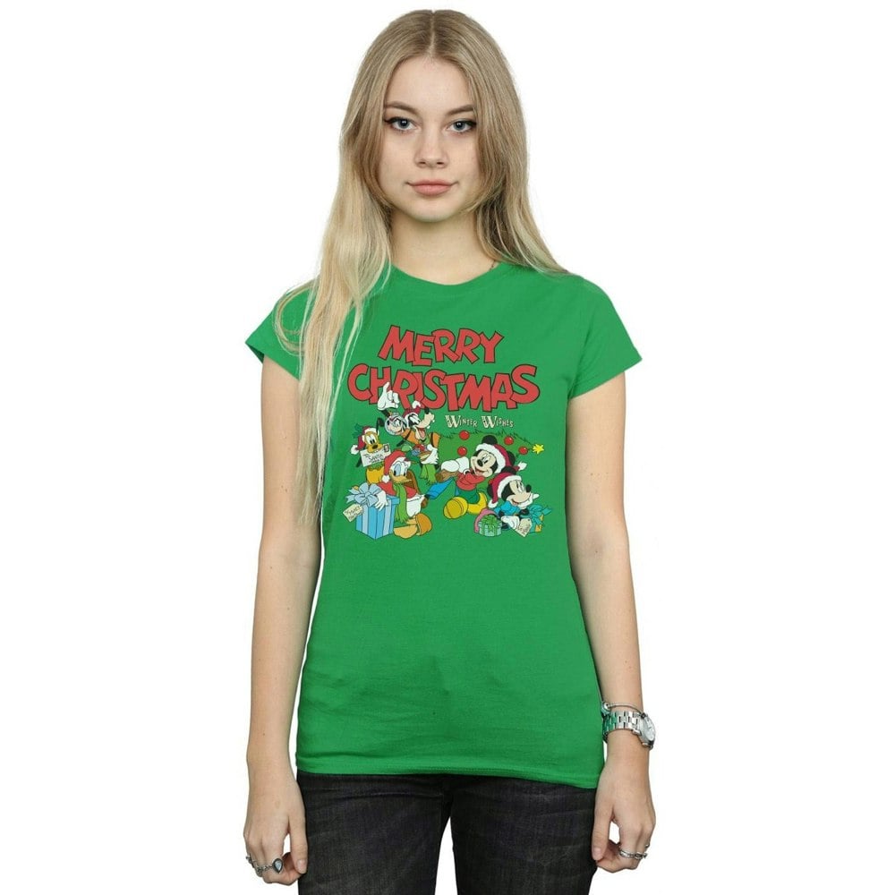 Disney Womens/Ladies Mickey And Friends Winter Wishes Cotton T-Shirt - Irish Green