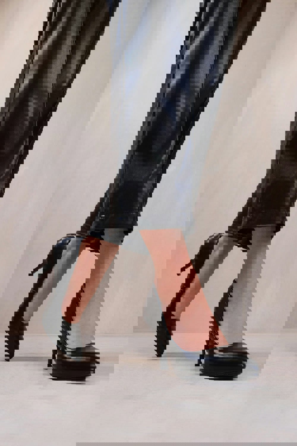 Where's That From Paola Mid High Heel Court Pump Shoes With Pointed Toe in Black Faux Leather