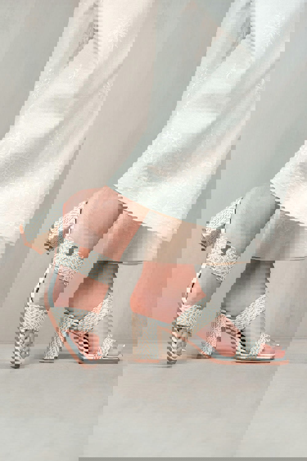 Where's That From Slayed Statement Platform Strappy Block High Heels in White Raffia