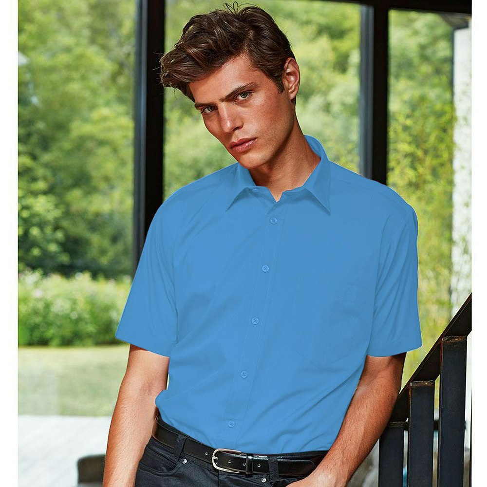Premier Mens Short Sleeve Formal Poplin Plain Work Shirt - Sapphire